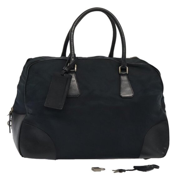 PRADA Boston Bag Nylon Leather Navy Silver Auth - Picture 1 of 16